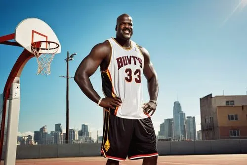 Muscular Shaquille O'Neal, confident smile, shaved head, thick eyebrows, athletic build, sleeveless NBA jersey, loose fit shorts, white sneakers, relaxed posture, leaning against a basketball hoop, ur