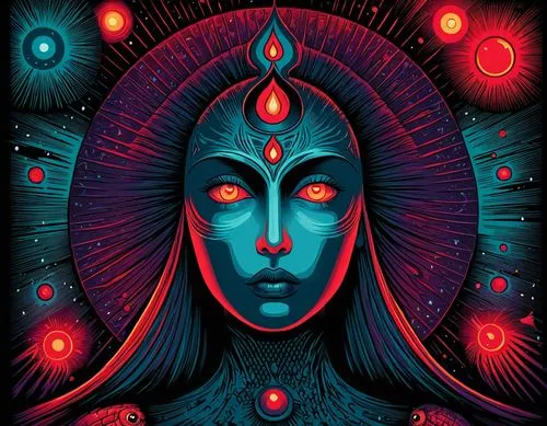 an illustrated image of a woman with bright blue hair,samsara,tantrik,root chakra,mahashivratri,shiva,third eye,Illustration,Realistic Fantasy,Realistic Fantasy 25