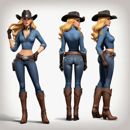 Black Canary in the Wild West with jeans, a cowboy belt, boots and spurs in front view and side view for 3D modeling,cowgirls,cowgirl,cowboy bone,sheriff,western,cowboy hat,western riding,countrygirl,