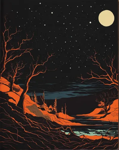 barren,halloween bare trees,scorched earth,night scene,halloween background,orange sky,dune landscape,background vector,ebony trees and persimmons,desert,deadvlei,moonscape,lunar landscape,sahara,orange,winter landscape,lava,birch tree illustration,vector art,cool woodblock images,Art,Artistic Painting,Artistic Painting 23