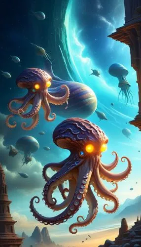 50 alien octopusses,an art print featuring the painting tentacles over a landscape with flying jellyfish,azathoth,lovecraftian,cephalopods,tentacular,cephalopod,tentacled