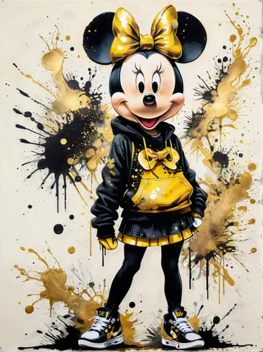 A stunning ink painting featuring an anthropomorphic Minnie Mouse head, dressed in a hip-hop outfit. Minnie Mouse wears a bold graffiti-inspired sweatshirt, black denim skirt and a pair of stylish sne