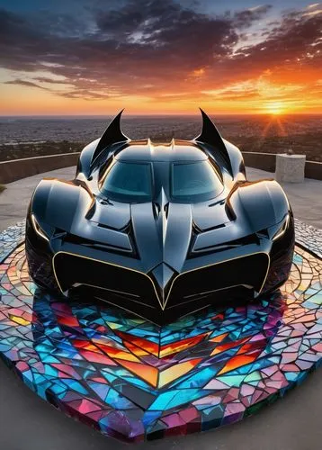 (("batmobile", alien planet spiral crystal fibonaci, black and white)). Sunset and batman light with lots of birds. This transformation is captured in high-definition. Sunset and lightning with lots o