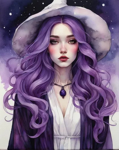 A witch with purple paint and a long purple hair, in the style of delicate watercolors, elegant clothing, tinycore, comic art, full body，by Afarin_Sajedi,la violetta,acerola,sea-lavender,zodiac sign l