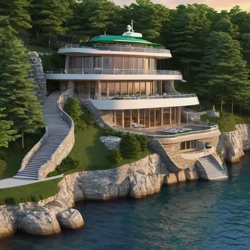 seasteading,house by the water,luxury property,house of the sea,miramare,malaparte,3d rendering,lavezzi isles,house with lake,dreamhouse,yamatai,asian architecture,floating island,luxury home,seafort,holiday villa,islet,baoshi,mikimoto,penglai,Illustration,Realistic Fantasy,Realistic Fantasy 19