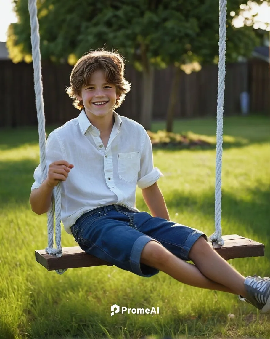 Happy boy, smiling face, bright blue eyes, messy brown hair, casual white shirt, denim shorts, sneakers, sitting on a swing, carefree pose, sunny afternoon, backyard, green grass, colorful flowers, cl