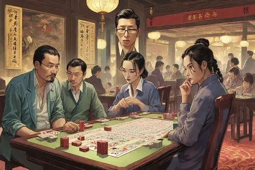mahjong,game illustration,poker,carom billiards,board game,dice poker,poker table,gamble,dongfang meiren,tabletop game,poker set,card table,dice game,card game,yuan,gambler,chinese art,oriental painting,snooker,card games,Digital Art,Comic
