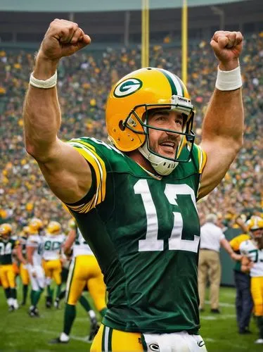 Green Bay Packers fan, male, muscular build, 30s, excited expression, green and gold jerseys, helmet, football, American flag, Lambeau Field, sunny day, cheering crowd, goalpost, scoreboard, lush gree