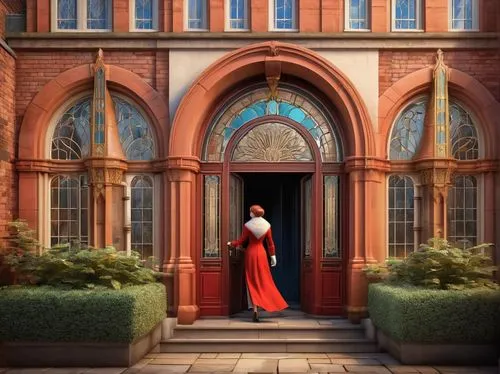 victoriana,girl in a long dress,man in red dress,leighton,victorian,lady in red,the threshold of the house,pancras,rcsi,edwardian,girl in a long dress from the back,red gown,ecclesiastic,a floor-length dress,bluecoat,immaculata,red brick,victorian lady,doorway,qub,Illustration,Realistic Fantasy,Realistic Fantasy 01