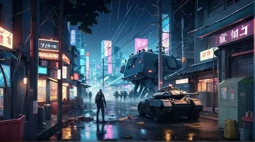 驚恐的人們, 賽博朋客風格,a car that is driving down the street,cyberpunk,cybertown,cybercity,cyberscene,shanghai,bladerunner,tokyo city,kamurocho,microdistrict,fantasy city,kowloon,susukino,concept art,futuristi