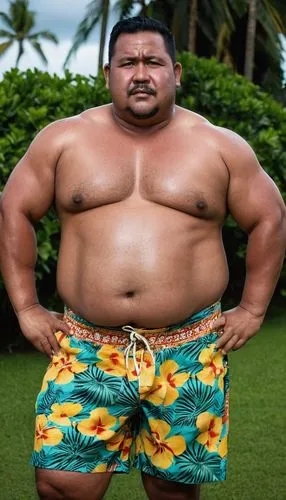 raw photo, burly chubby guy, tongan 40 years old, round face, fat, wet skin, joyfull face, black skin, wearing hawaiian shirt, full body shot, hands on waist, body hair on chest, fat chubby chest, chu