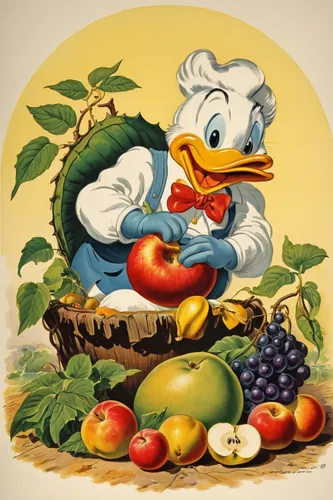 donald duck,honeycrisp,woman eating apple,vintage illustration,frutti di bosco,picking vegetables in early spring,diet icon,apple logo,canard,cayuga duck,cart of apples,grapes icon,goose berry,apple harvest,eating apple,basket with apples,fruit plate,retro 1950's clip art,popeye,vintage art,Illustration,Retro,Retro 18