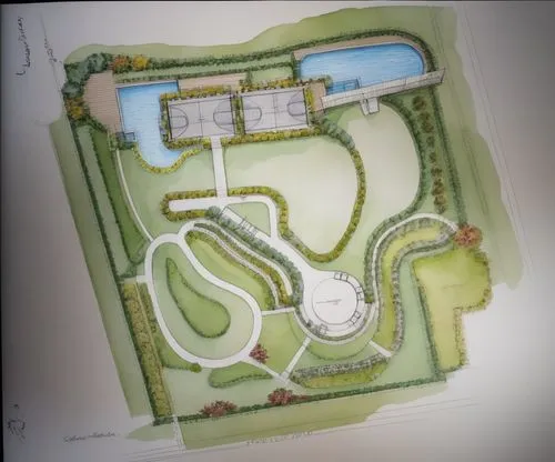 the plan for the park with several swimming pools,landscape plan,second plan,hoppegarten,kubny plan,the golfcourse,circuit