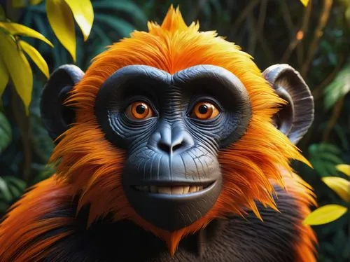 Jumanji-inspired, monkey-like creature, facial close-up, vibrant orange fur, expressive eyes with thick eyelashes, tiny nose, playful smirk, detailed wrinkles on forehead, shiny black hair on head and