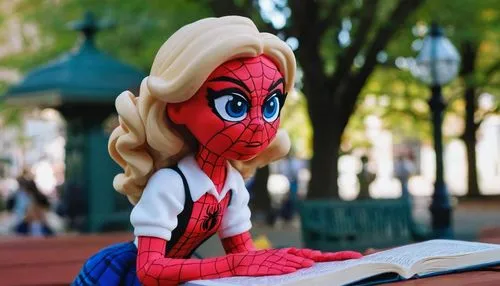 blonde sits and reads the newspaper,blonde woman reading a newspaper,spiderman,spider-man,marvel comics,disney character,marvels,disneyland park,newspaper reading,comic characters,cosplayer,little girl reading,comic books,marvel figurine,girl studying,spider the golden silk,bookworm,bookmark,read a book,spider bouncing,Unique,3D,Clay