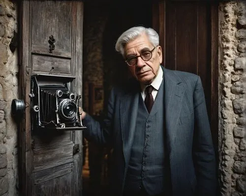 Alfred Koestler, intellectual, bespectacled, white hair, suit, tie, holding a vintage camera, standing in front of a massive wooden door, old-fashioned keys hanging from the wall, dimly lit corridor, 