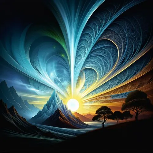 amazing fractal,there is a mountain in the foreground as the sun goes down,sunburst background,solar wind,fractals art,fractal art,auroral,art background,Illustration,Realistic Fantasy,Realistic Fanta