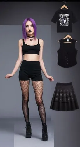 Paper doll 2d cartoon punk purple haired girl in black sleeveless shirt , black spandex shorts, complete full length fishnet and black punk knee Boots, standing surrounded by with a set of punk fashio