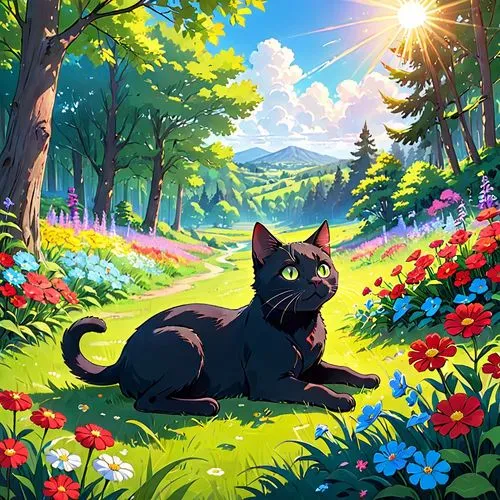 ravenpaw,bagheera,springtime background,spring background,felino,flower cat,Anime,Anime,Traditional