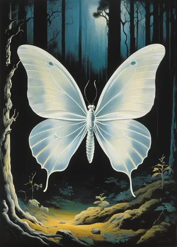 In a dark and eerie forest, a ghostly white butterfly appears, casting an eerie glow around it.,ulysses butterfly,isolated butterfly,tree white butterfly,hesperia (butterfly),butterfly isolated,white 