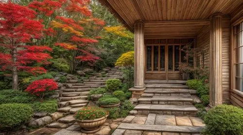 japanese garden ornament,front porch,the threshold of the house,entryway,landscaped,entryways,landscaping,garden door,wooden stairs,japan garden,autumn decoration,wooden path,landscape designers sydne