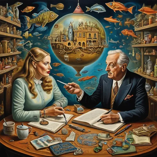 reading magnifying glass,sci fiction illustration,bookshop,jigsaw puzzle,ball fortune tellers,meticulous painting,book store,clue and white,bookstore,fortune teller,watchmaker,pharmacy,exchange of ideas,the local administration of mastery,surrealism,consulting room,theoretician physician,library of congress,fortune telling,financial world,Illustration,Realistic Fantasy,Realistic Fantasy 40