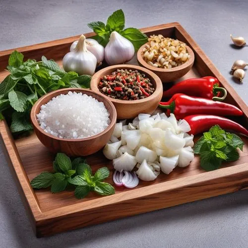 wooden tray with salt and pepper bowls, garlic cloves, bowl of diced onions and hot peppers, bowl of minced mint leaves, side full view,a wooden  board topped with bowls filled with different vegetabl