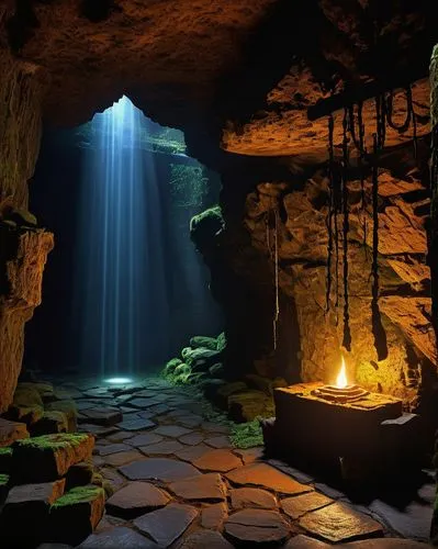 Ancient cave, rocky structure, stalactites hanging from ceiling, dimly lit, mysterious ambiance, water dripping sounds, moss covered walls, old torches, stone pedestals, ancient artifacts, treasure ch