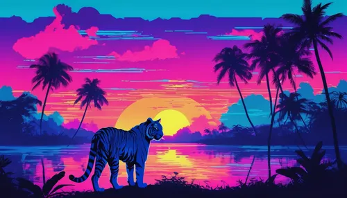 Paint a picture of a tranquil sunset with a silhouette of a Sundarbans tiger in the distance.,unicorn background,safari,colorful horse,unicorn art,palmtrees,tropics,two-horses,colorful background,palm