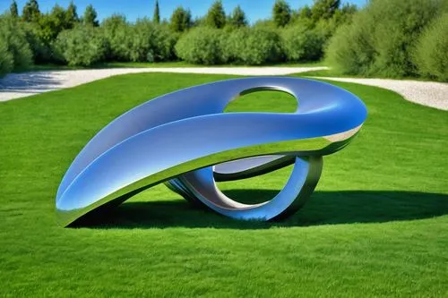 Modern landscape architecture, futuristic stem-shaped sculpture, steel material, silver color, abstract design, surrounded by vibrant green grass, few white flowers blooming, sunny day, clear blue sky