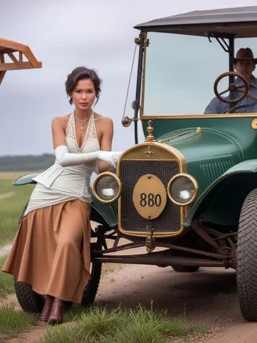 The Ford (Model T) chugs through a Texan landscape, its dark green exterior reflecting the bright sunlight. Mrs. Mayer is at the center of the action. The intricate details of the old car impress the 