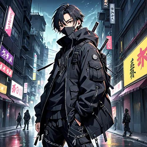 yukio,anime japanese clothing,parka,cartoon ninja,cyberpunk,black coat,black crow,stylish boy,shinjuku,game illustration,shinigami,pedestrian,persona,pandemic,cg artwork,winter clothing,shibuya,overcoat,shinobi,a pedestrian,Anime,Anime,Traditional