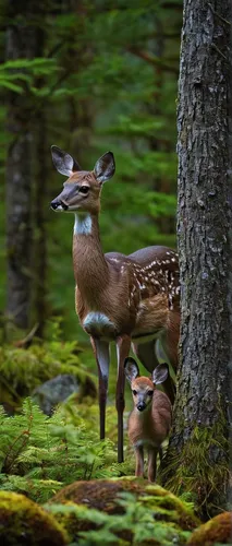 Sitka blacktail doe and fawn in Southeast Alaska,deer with cub,deer-with-fawn,fawn,young deer,young-deer,european deer,fawns,white-tailed deer,male deer,family outing,baby deer,bambi,perched on a log,