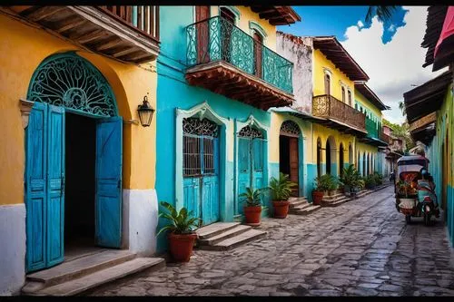 Colorful Haitian architecture, vibrant island colors, ornate wooden decorations, intricate ironwork, tropical plants surrounding, palm trees swaying gently, bright blue sky with white puffy clouds, wa