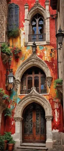 Toledo style architecture, medieval town, narrow cobblestone streets, ornate Gothic cathedral, intricate stone carvings, stained glass windows, grand bell tower, red-tiled roofs, white-washed walls, a