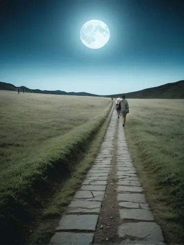 эти люди идут в небеса по лунной дорожке,two people walking down a long, grass - lined path into the night,moonwalked,moonwalks,moonwalker,moon walk,moonwalk,photo manipulation