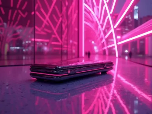 Futuristic product design, vibrant fuchsia color scheme, metallic materials, sleek lines, minimalistic background, abstract composition, bold typography, modern cityscape, neon lights reflecting off g