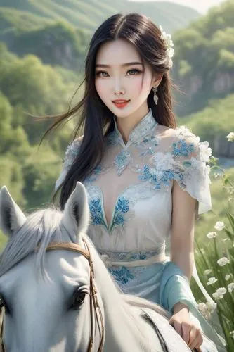 side view, realistic rich colors, green mountains, very beautiful charming Chinese woman in white, in a blue river, beautiful expressive eyes, beautiful thin lips, beautiful long hair, open shoulders,