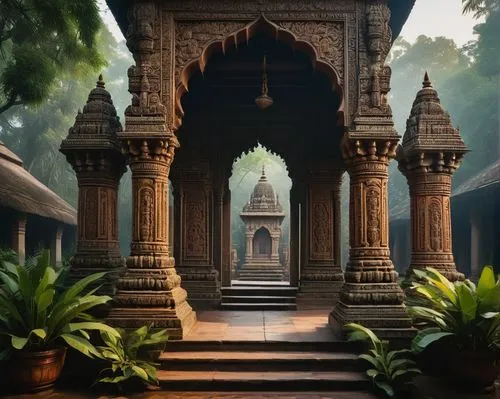 Hindu temple architecture, intricate carvings, ornate pillars, tall towers, vibrant colors, ornamental gates, symmetrical composition, serene ambiance, lush greenery surroundings, misty morning atmosp