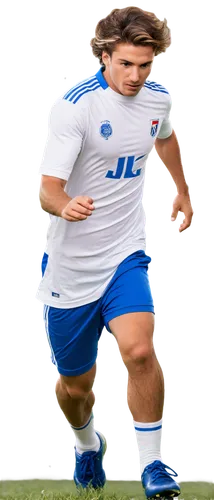 Football player, male, athletic build, white jersey, blue shorts, soccer ball at feet, kicking pose, dynamic movement, sweat droplets, messy hair, focused facial expression, strong legs, grassy backgr