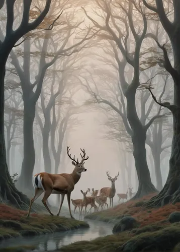 Describe a tense encounter between a fallow deer group and a group of hunters in a dense fog.,deer illustration,deers,fallow deer,stag,european deer,fallow deer group,forest animals,deer drawing,red d