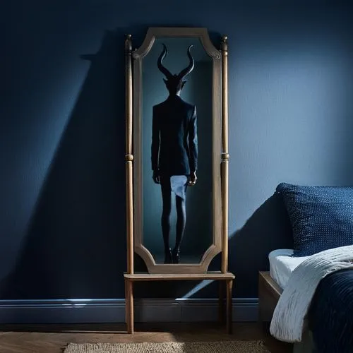 Silhouette of a tall skinny man with horns, skinny legs,the image shows a mirror and a bed in the room,wood mirror,mirror frame,headboards,copper frame,art nouveau frame,headboard