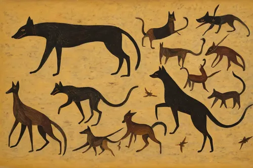 ancient dog breeds,aboriginal artwork,aboriginal painting,animal silhouettes,canidae,chamois with young animals,deer illustration,animal migration,indigenous painting,animal shapes,animal icons,antelopes,animals hunting,deers,polish greyhound,ibexes,prehistoric art,european deer,canis lupus tundrarum,canis lupus,Art,Artistic Painting,Artistic Painting 47