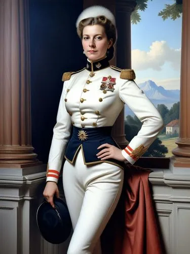 Fit my distinguished Prussian friend, Colonel-General Ficky-Louise von Manteuffel, with a tight-fitting ladies' uniform.,a portrait of a woman in uniform by a painting,kolinda,zinaida,timoshenko,napol