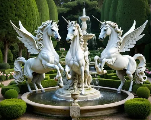 two white pegasuses are playing in a magical forest in a mystical and ethereal atmosphere, and little glowing fairies are flying around them,two white horses that are near a fountain,borghese,villa bo