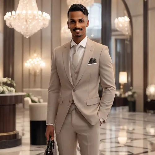 the man is dressed in a beige tuxedo and he is carrying a black bag,a black man on a suit,men's suit,dhawan,wedding suit,maharaja,khalfan,Photography,Natural