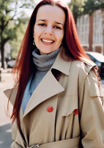 Woman with dark brown eyes, long red hair,a girl's smile,redhair,red hair,red-haired,swedish german,killer smile,a smile,red russian,sofia,woman in menswear,smiling,romanian,stehlík,autumn icon,blogge