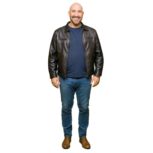 Fat, bald, mature man, thick beard, bushy eyebrows, round face, double chin, smiling expression, bright eyes, golden earring, black leather jacket, white casual shirt, dark blue jeans, brown boots, st