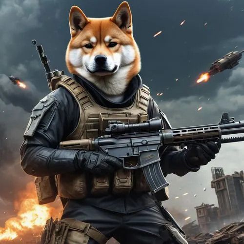 ((best quality)), ((masterpiece)), (detailed), (realistic), dog soldier, Shiba Inu, equipped with massive gun, apocalyptic background, cloudy sky, destruction everywhere, military theme, serious look,