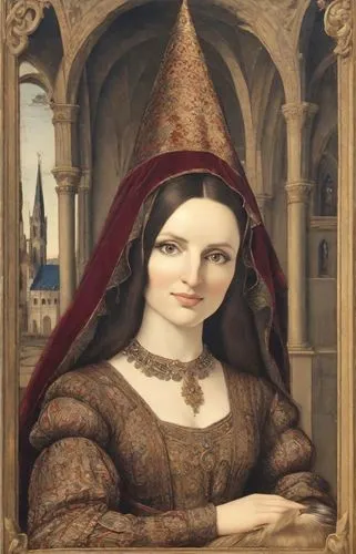 A fascinating medieval painting in the style of Pinturicchio, depicting a noble lady in the style of the Duchy of Burgundy of the 15th century Renaissance. On her head is attached a tall gothic cone "